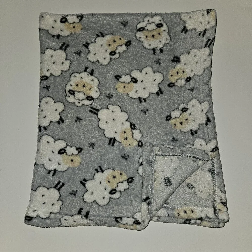 Parent's Choice Gray Fleece Baby Blanket White Sheep 30x36 READ